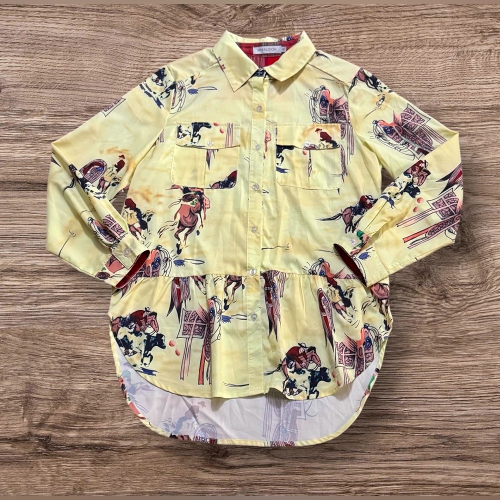 MissLook Womens Western Horse and Rider Theme Button up Blouse Top Cowirl Shirt